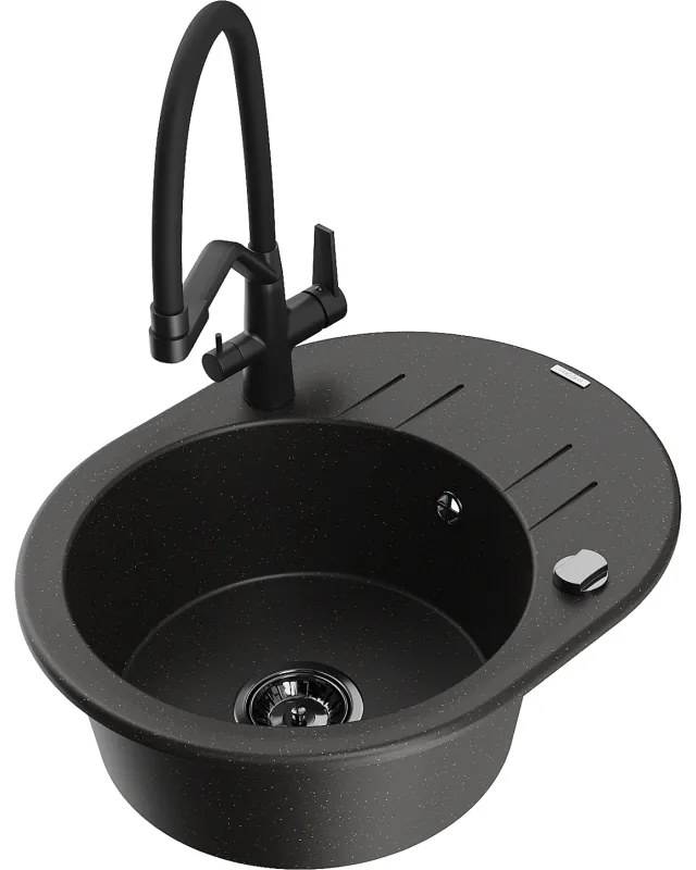 Mexen Kevin chiuvetă de bucătărie din granit cu 1 compartiment și baterie Duo, negru/auriu metalic - 6517-75-671701-70-B