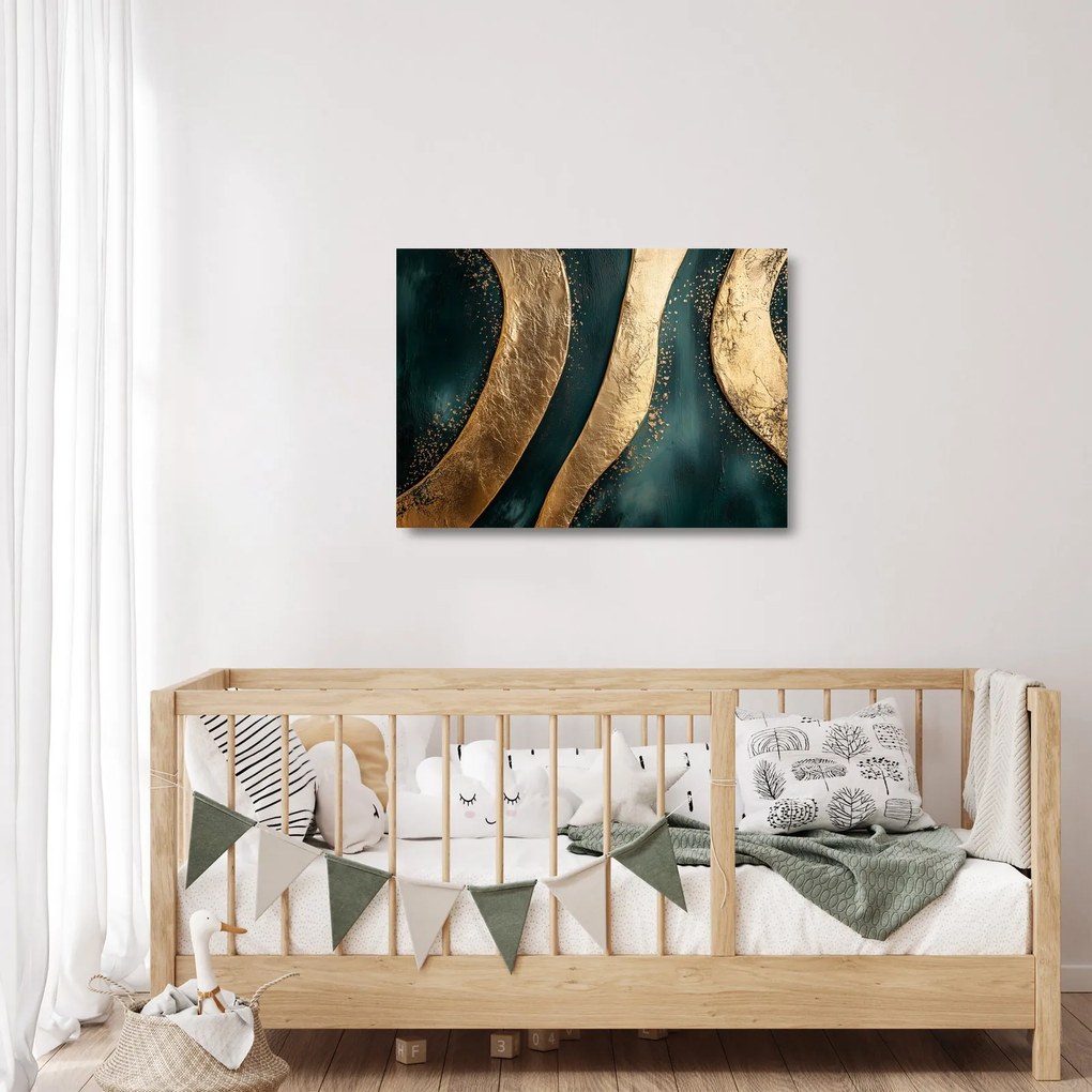 Tablou pe sticlă - Abstracție verde cu auriu I. (70x50 cm)