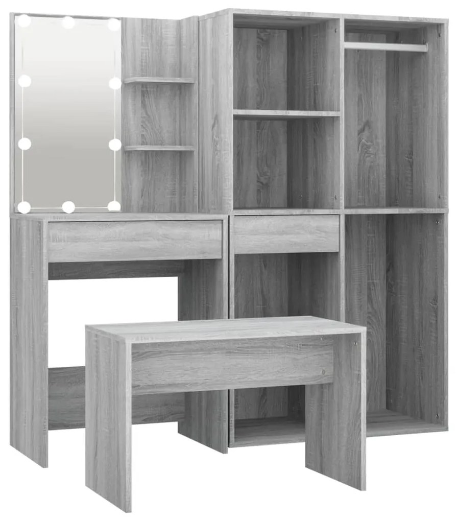 3114105 vidaXL Set de măsuță de toaletă cu LED, stejar sonoma, lemn prelucrat