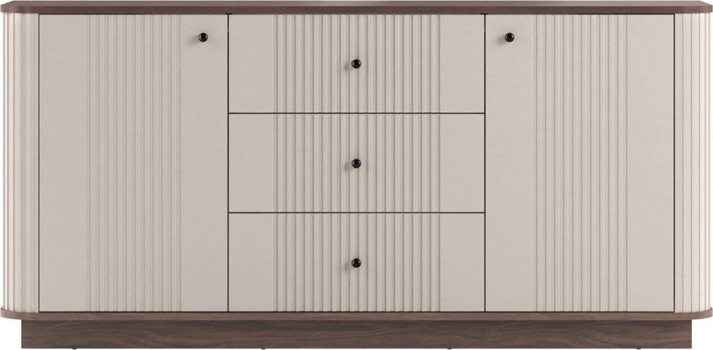 Comodă cu sertare pe soclu Vesper 160 cm - cașmir / nuc / mânere negre