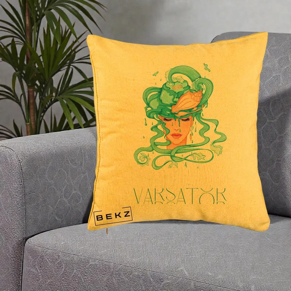 Perna Personalizata Zodiac Varsator Cowgirl, 40x40 cm, Galben, Husa Detasabila, Perna Inclusa, BEKZ®