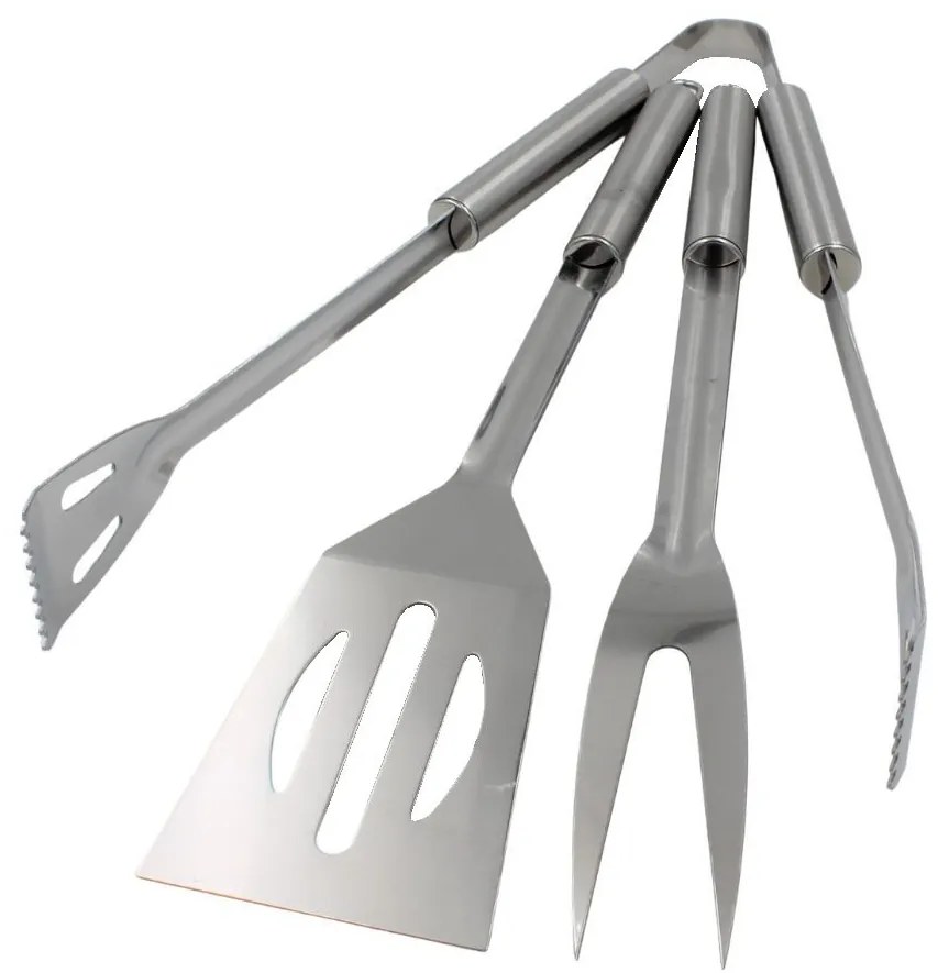 Set 3 ustensile pentru grătar – inox, 35 cm: spatulă, furculiță și clește