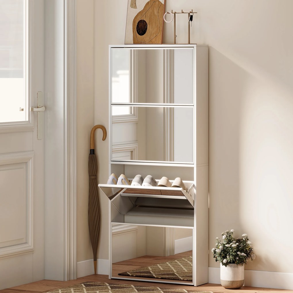 HOMCOM Dulap pentru Pantofi Economizor de Spațiu cu 4 Uși cu Oglindă 63x17x146 cm Alb | Aosom Romania