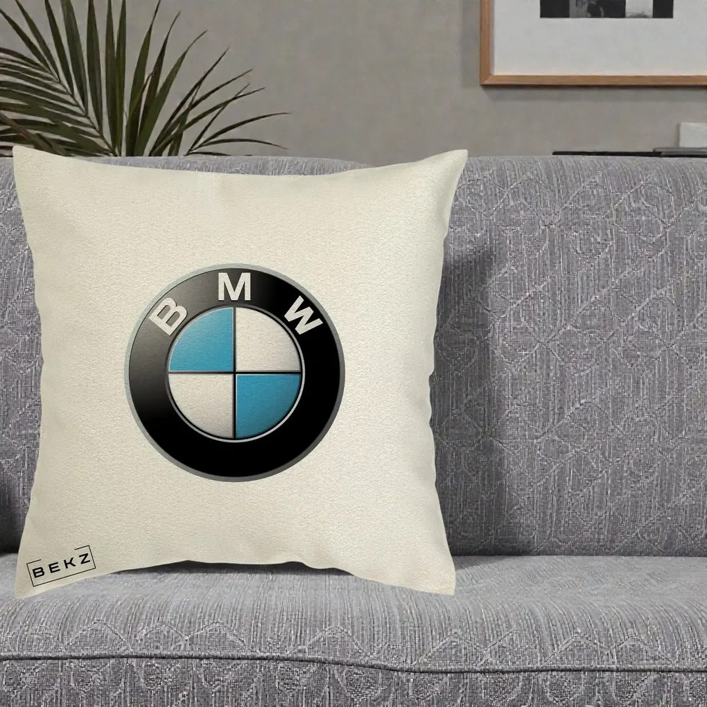 Perna Personalizata cu emblema BMW, 40x40 cm, Ecru, Husa Detasabila, Perna Inclusa, BEKZ®
