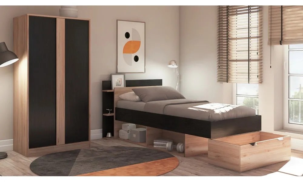 Șifonier negru/în culoare naturală cu aspect de lemn de stejar 90x180x53 cm Dennis – Marckeric