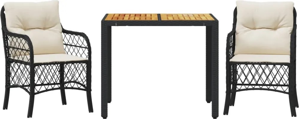 vidaXL Set bistro cu perne, 3 piese, negru, poliratan