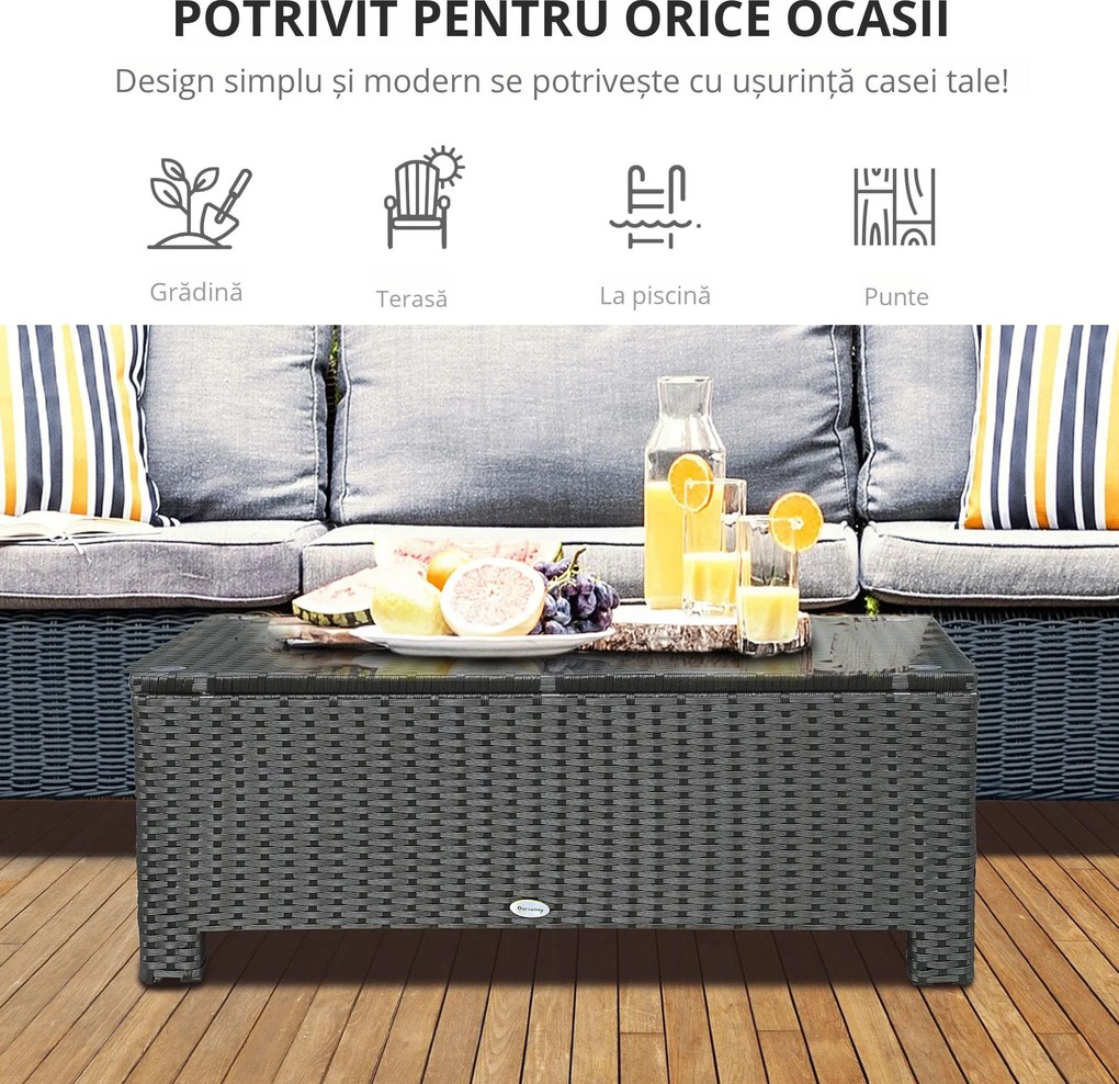 Outsunny Mobilier pentru Terasă, Măsuță de Cafea din Răchită, Rezistentă la Apă, cu Blat din Sticlă Securizată, 86x50x39cm, Negru | Aosom Romania