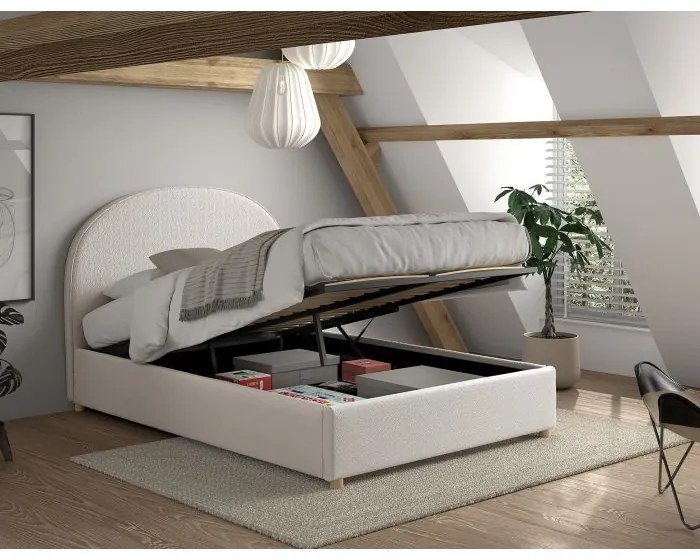 Set MOON: pat tapițat pentru copii 90 x 200 cm, alb, cu țesătură bouclé și spațiu de depozitare + taburet alb multifuncțional – Vipack