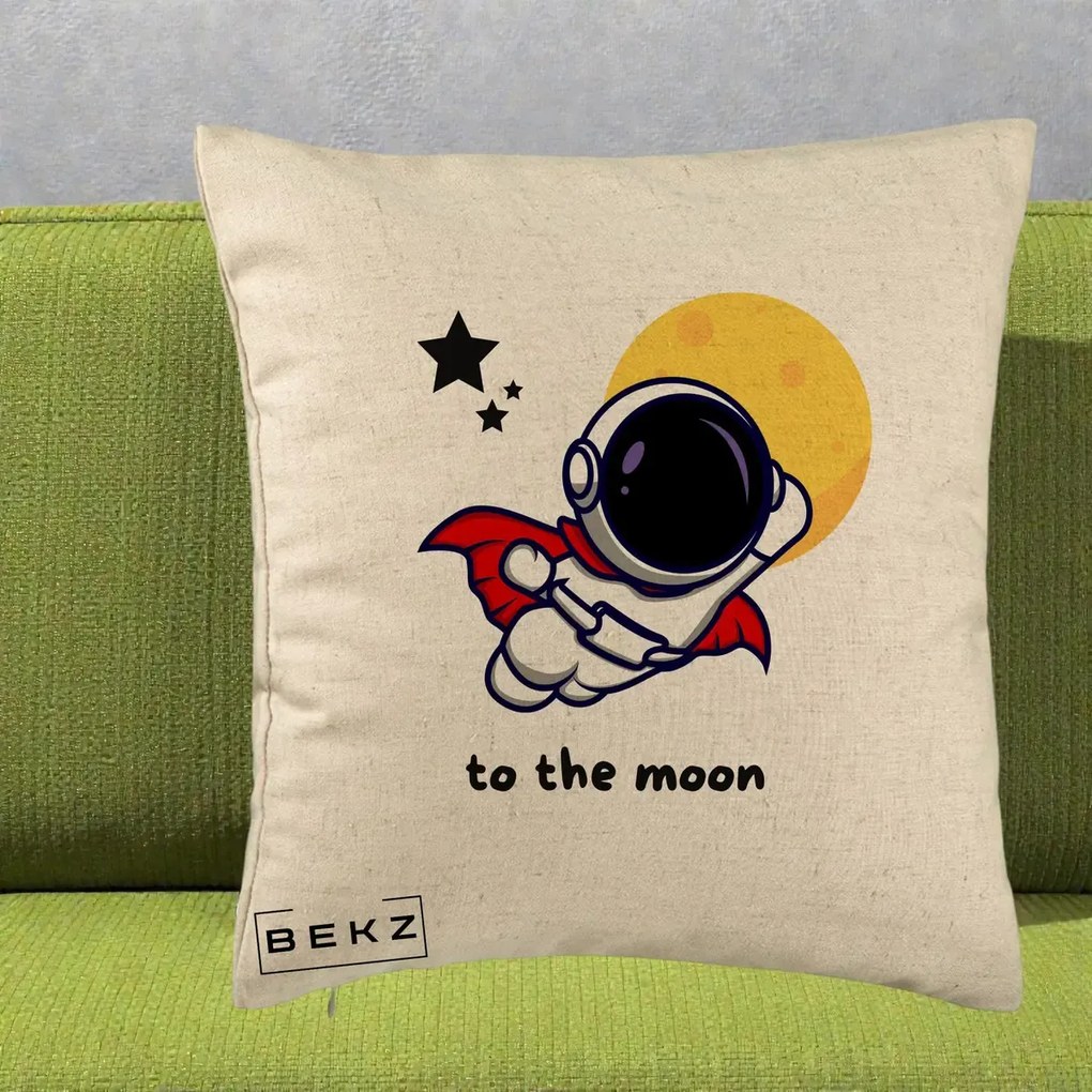 Perna Decorativa Astronaut To The Moon, 40x40 cm, Bej, Husa Detasabila, Perna Inclusa, BEKZ®