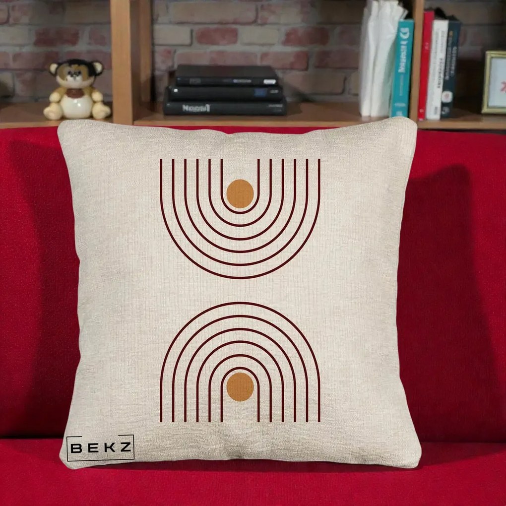 Perna Decorativa Geometric Boho Arc, 40x40 cm, Bej Canapea, Husa Detasabila, Perna Inclusa, BEKZ®