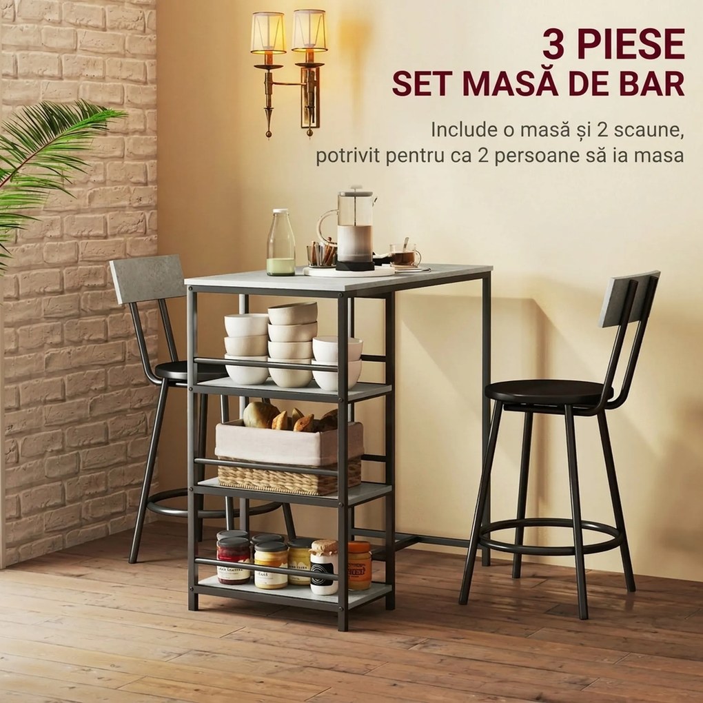 HOMCOM Set Masă de Bar cu 3 Rafturi și 2 Scaune cu Spătar, 90x50x90.5 cm, Gri Deschis | Aosom Romania