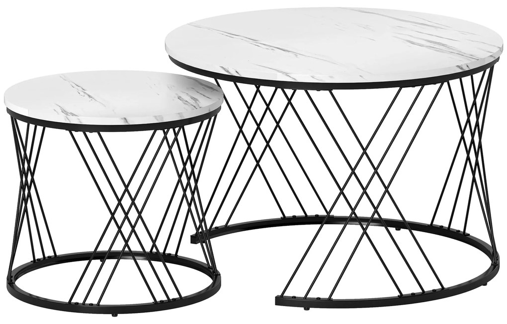 HOMCOM Mese de cafea în set de 2 bucăți, aspect marmură, plăci de particule, metal, mese de cafea rotunde pentru living, plasabile unul în altul, Alb | Aosom Romania