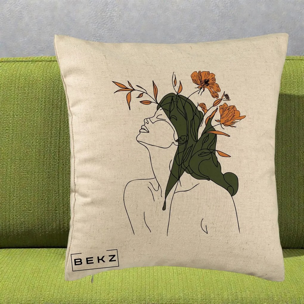 Perna Decorativa Portret Feminin Profil Flori Portocalii, 40x40 cm, Bej, Husa Detasabila, Perna Inclusa, BEKZ®
