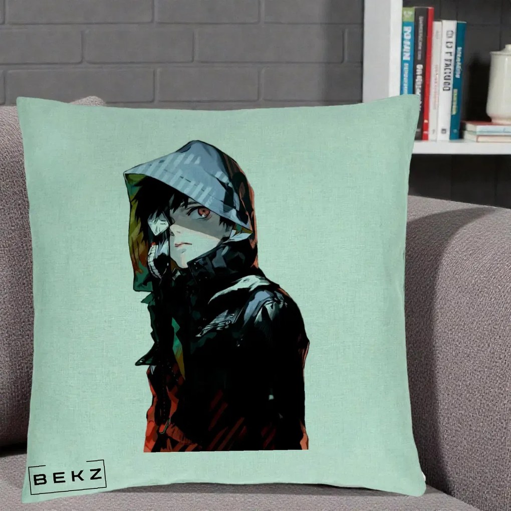 Perna Personalizata Tokyo Ghoul Ken Kaneki cu Masca si Gluga, 40x40 cm, Verde Menta, Husa Detasabila, Perna Inclusa, BEKZ®