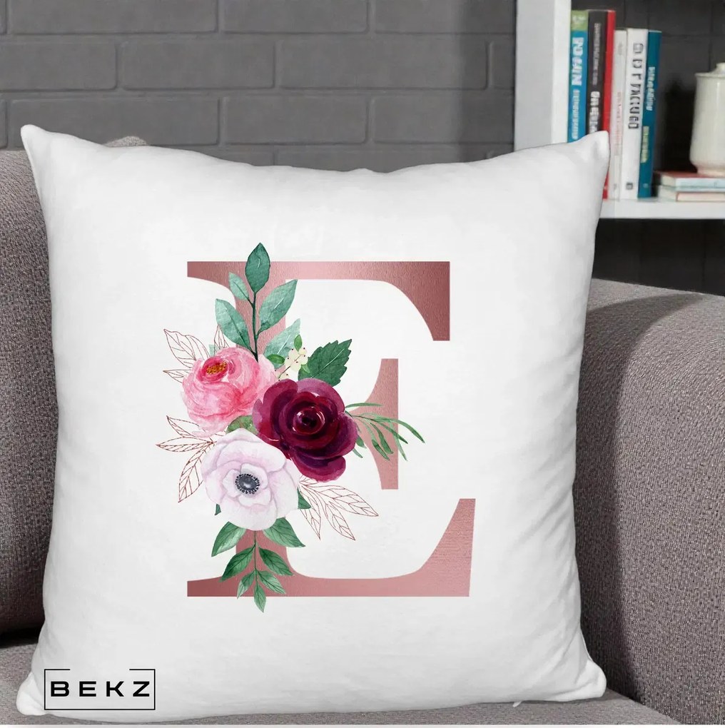 Cadou Personalizat - Perna Personalizata Monograma Rose Gold Litera E, 40x40 cm, Alb Pufos, Husa Detasabila, Perna Inclusa, BEKZ®