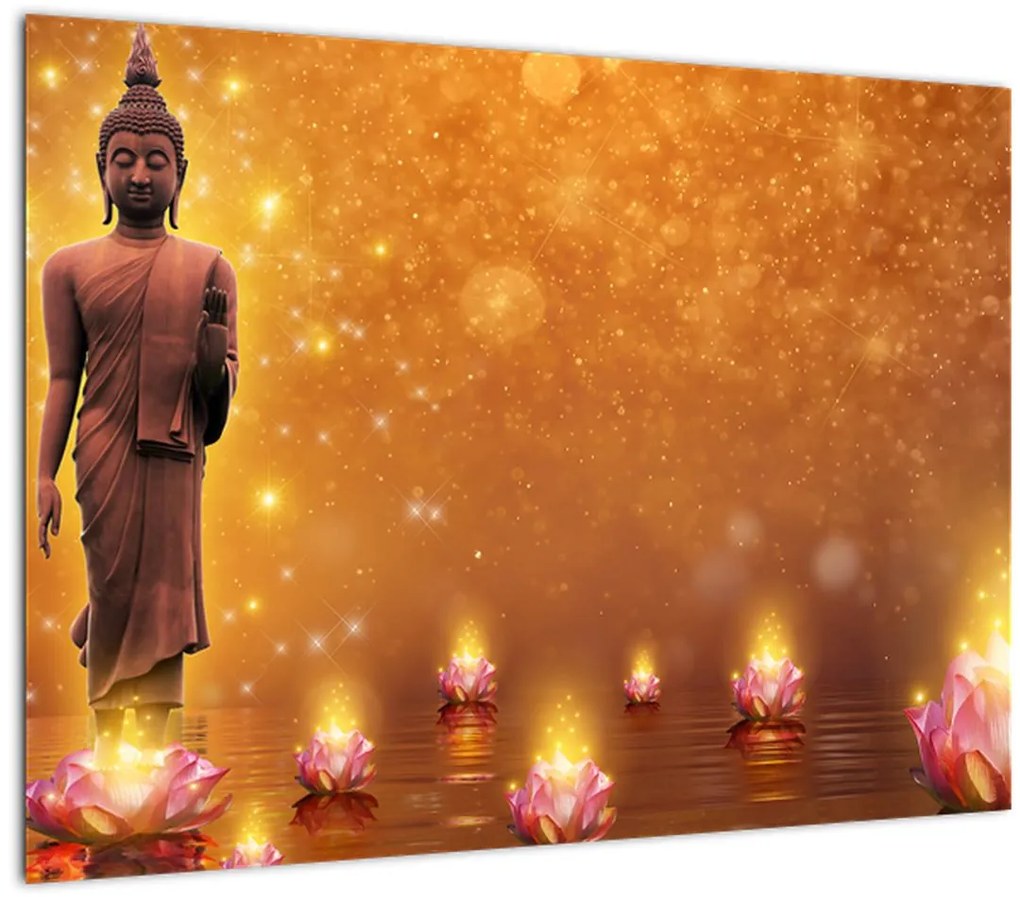 Tablou pe sticlă - Buddha în sclipici auriu (70x50 cm)