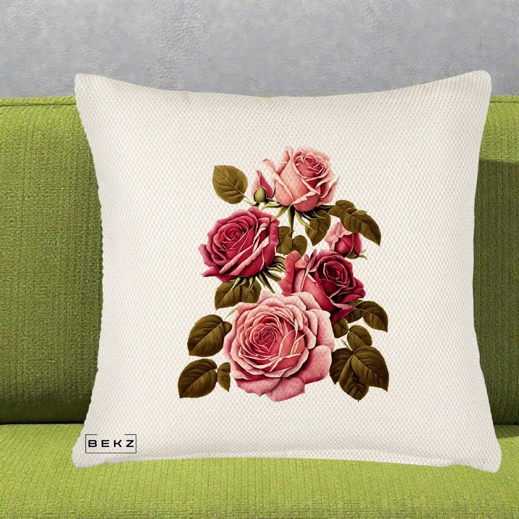 Perna Decorativa Trandafiri Vintage Roz-Rosii, 40x40 cm, Crem Reliefat, Husa Detasabila, Perna Inclusa, BEKZ®