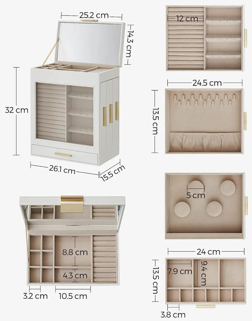 Cutie bijuterii, Songmics, Alb-Auriu, 27x16.5x32 cm