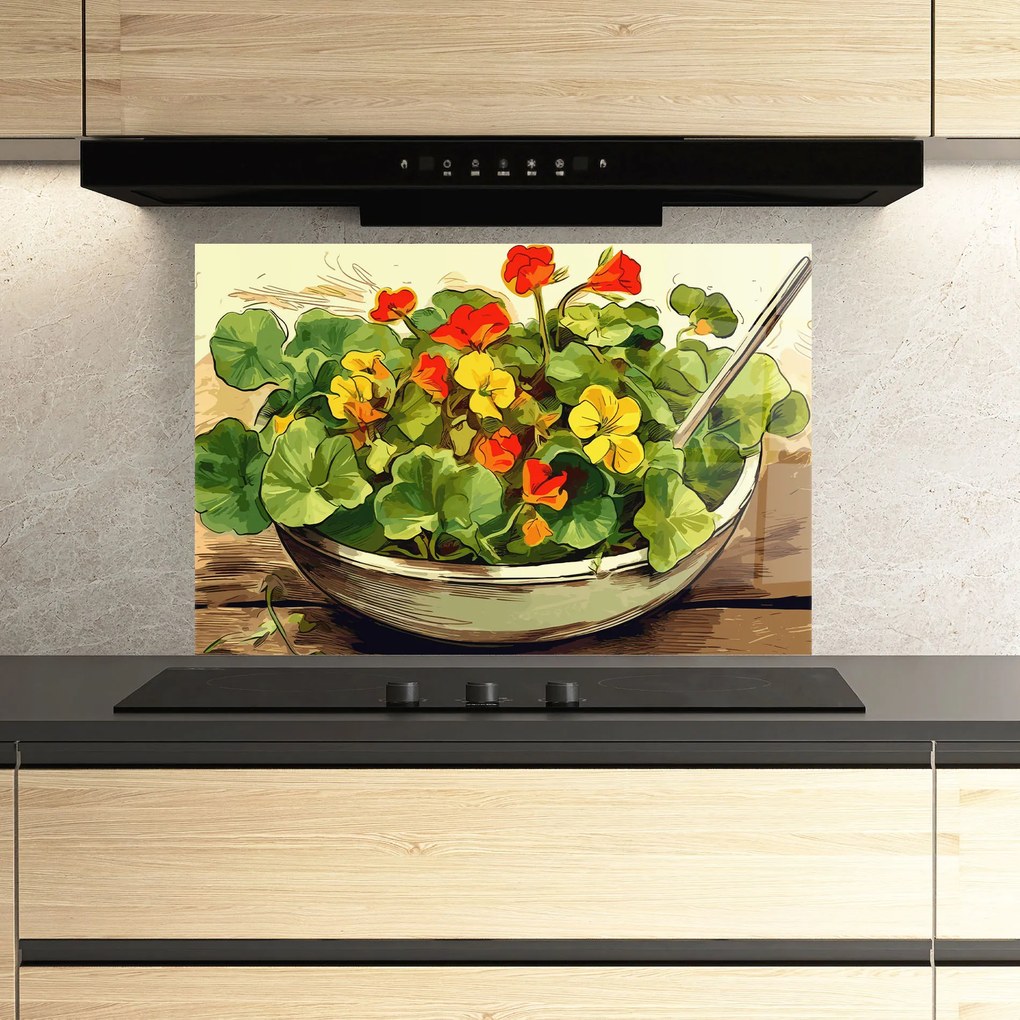 Panou Sticla Bucatarie, 80x120cm, Protectie aragaz, Antistropi, Termorezistent, Alimente, Legume, Flower Food