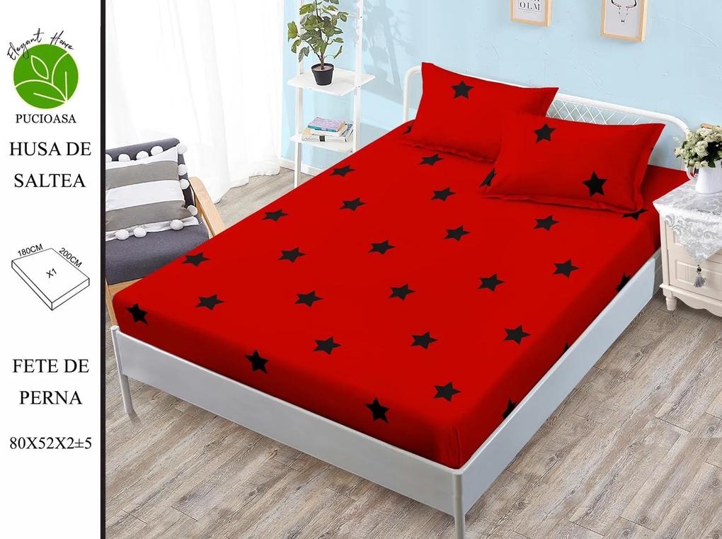 Husa de pat cu elastic 180x200 din Bumbac Finet + 2 Fete de Perna - Rosu Cu Stelute
