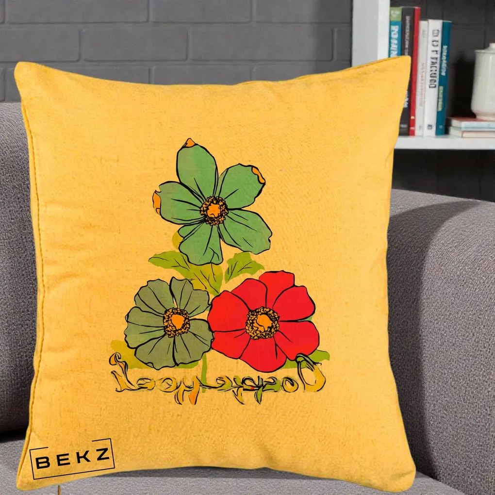 Perna Decorativa Trei Flori Grafice Pop Art, 40x40 cm, Galben, Husa Detasabila, Perna Inclusa, BEKZ®