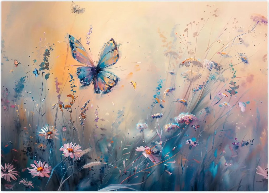 Tablou pe sticlă - Pajiște cu Fluture II (70x50 cm)