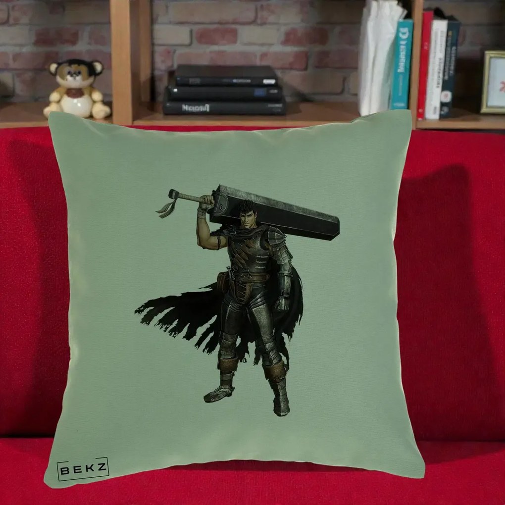 Perna Personalizata Berserk Guts Luptatorul Negru, 40x40 cm, Verde, Husa Detasabila, Perna Inclusa, BEKZ®