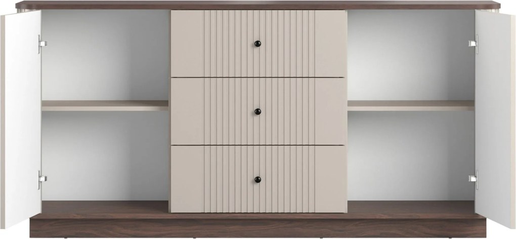 Comodă cu sertare pe soclu Vesper 160 cm - cașmir / nuc / mânere negre