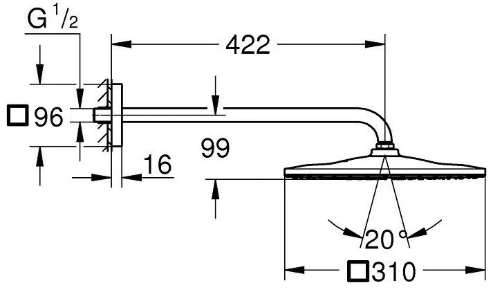 Palarie dus fix Grohe Rainshower Mono 310, 31x31 cm cu brat, montaj pe perete, cupru mat (brushed warm sunset)