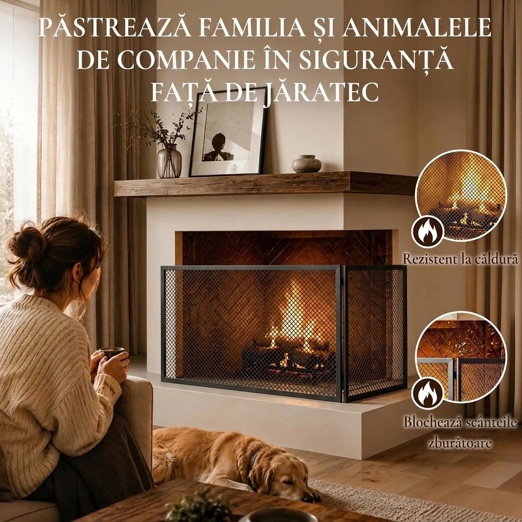 HOMCOM Parascântei Pliabil pentru Șemineu, 2 Panouri, din Metal Vopsit, Gata de Utilizare, 140 x 1 x 50 cm, Negru | Aosom Romania