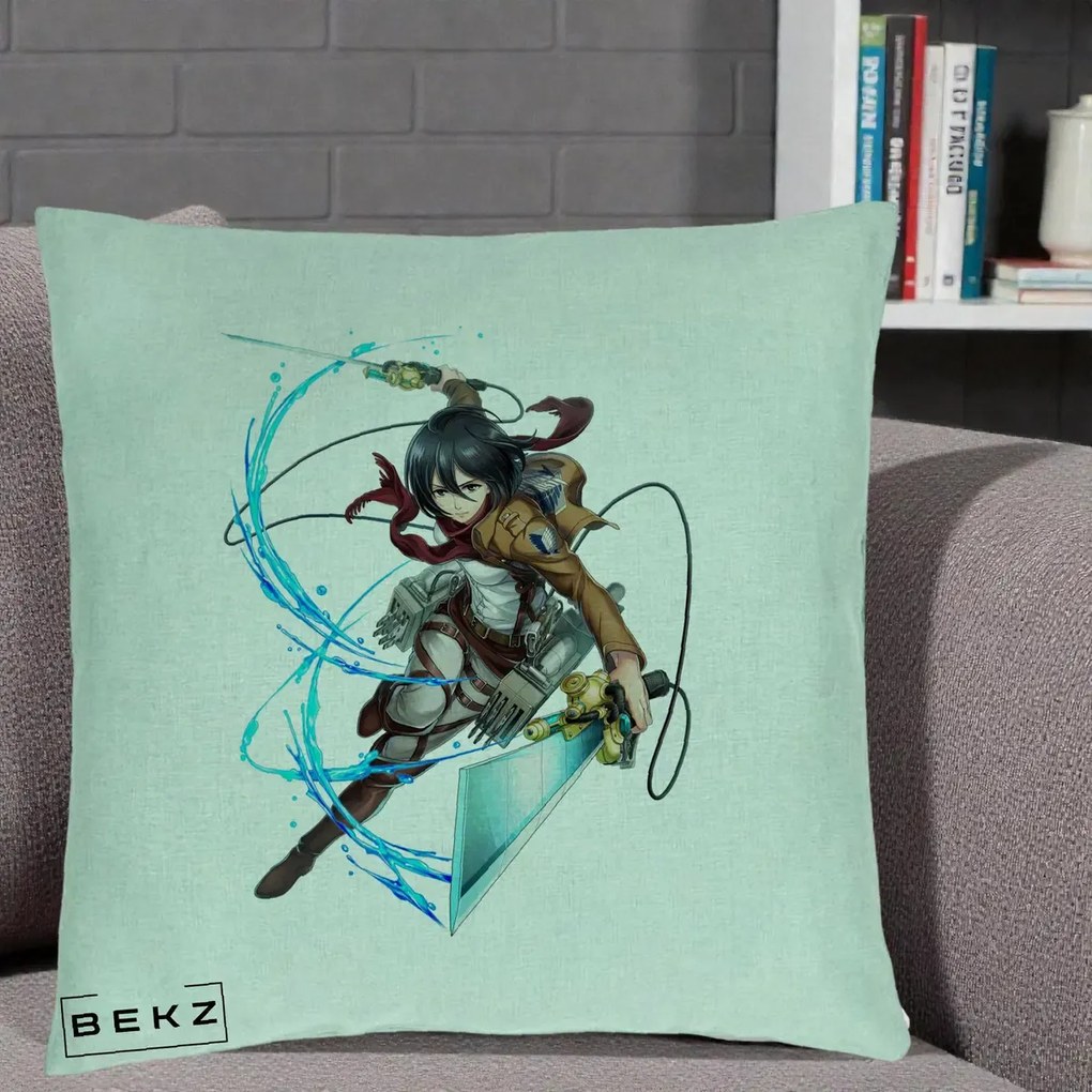 Perna Personalizata Attack on Titan Mikasa Ackerman Lupta, 40x40 cm, Verde Menta, Husa Detasabila, Perna Inclusa, BEKZ®