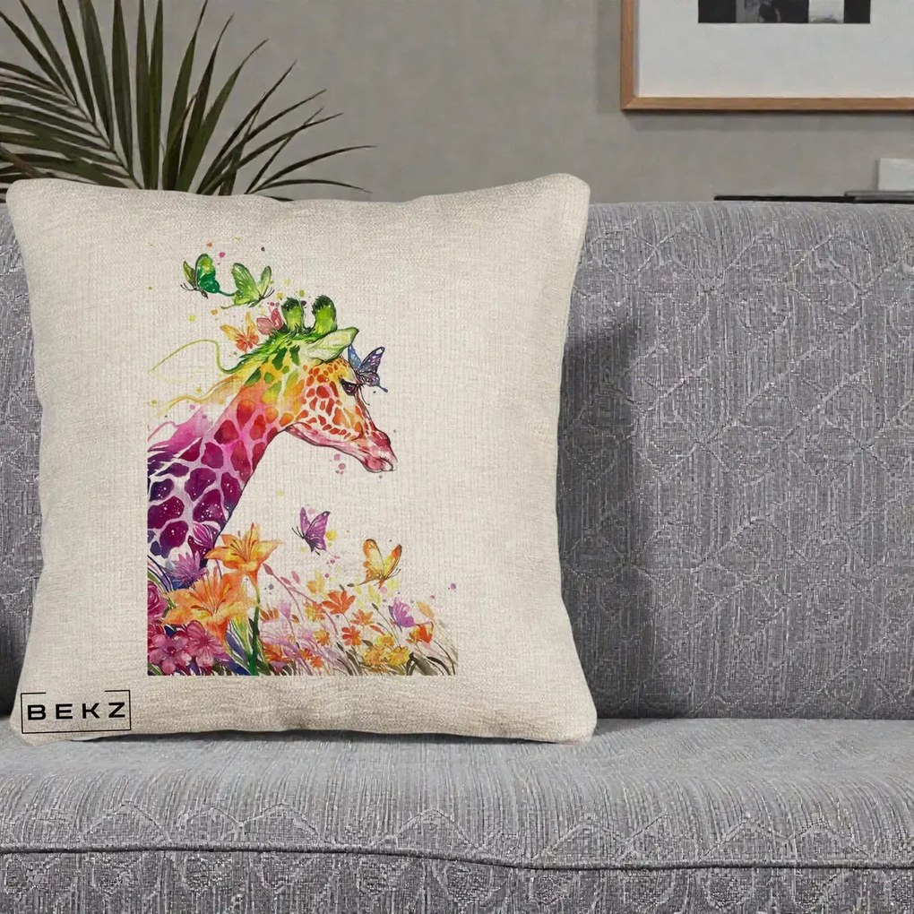 Perna Decorativa Girafa Curcubeu Acuarela, 40x40 cm, Bej Canapea, Husa Detasabila, Perna Inclusa, BEKZ®