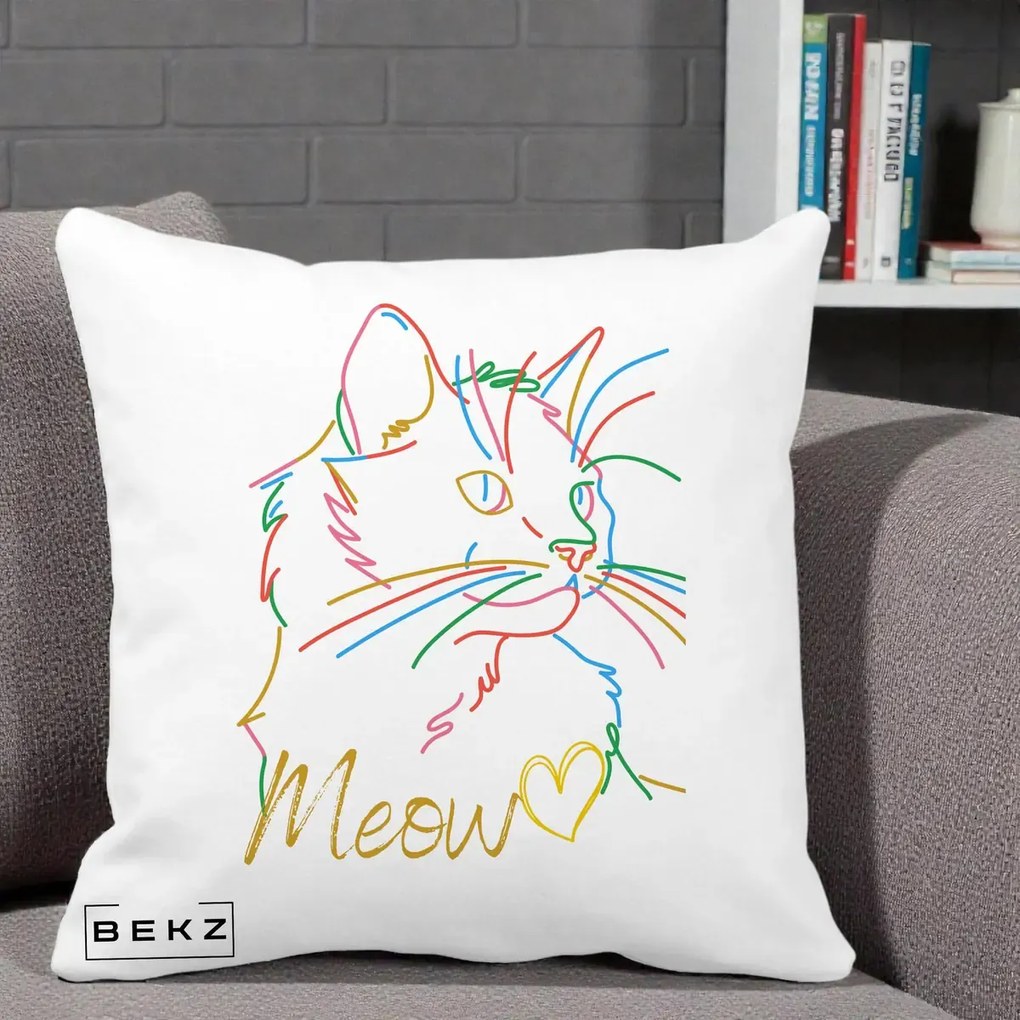 Perna Personalizata Pisica Meow Arta Linie Colorata, 40x40 cm, Alba Mata, Husa Detasabila, Perna Inclusa, BEKZ®