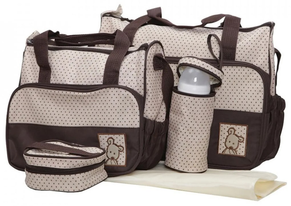 Set 3 genti bebe NOVOKIDS™ Mastella atasabile la carucior, Capacitate mare, Geanta termos pentru biberoane inclusa, dimensiune 39X35X10 cm, Maron Crem