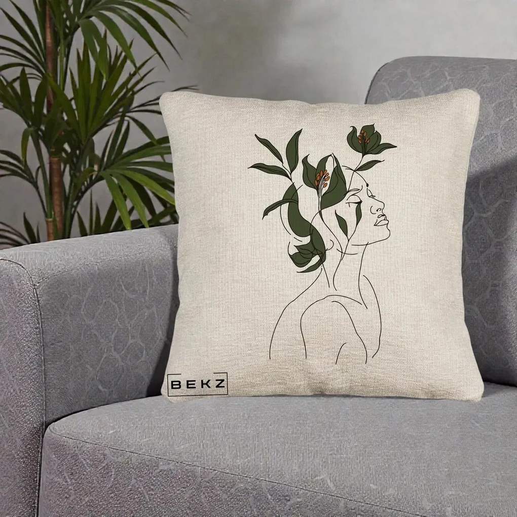 Perna Decorativa Portret Feminin Crin Verde, 40x40 cm, Bej Canapea, Husa Detasabila, Perna Inclusa, BEKZ®