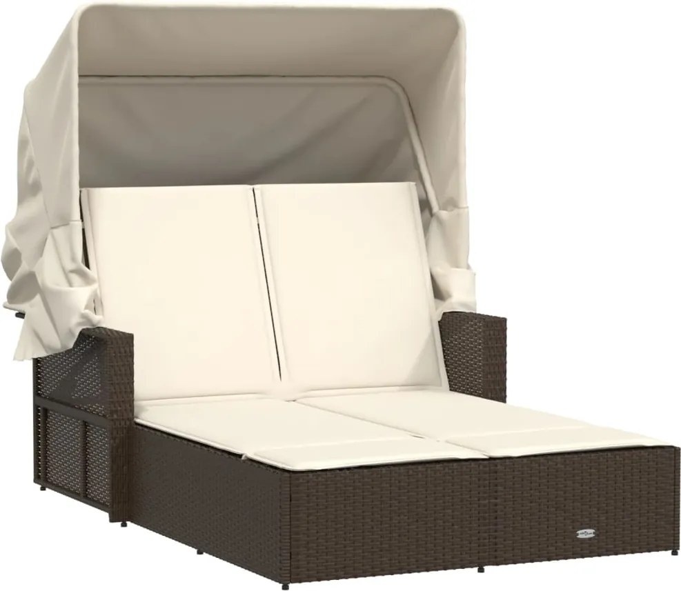 vidaXL Șezlong dublu cu baldachin și perne, maro, poliratan