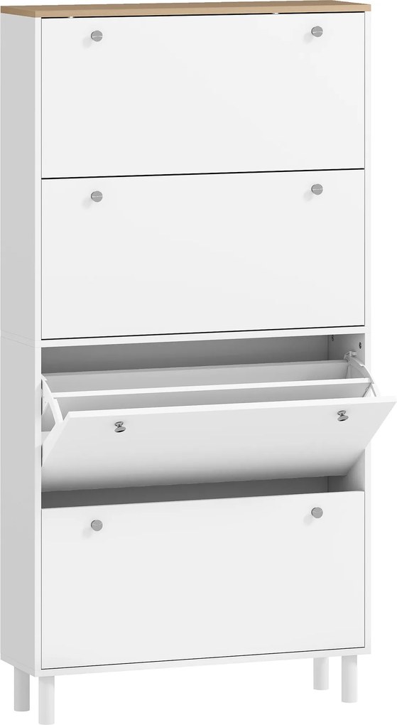 Dulap Îngust HOMCOM pentru Încălțăminte cu 4 Sertare Rabatabile, Dulap Subțire pentru Depozitarea Încălțămintei cu Rafturi Reglabile pentru Hol, Capacitate 24–32 Perechi, Alb | Aosom Romania