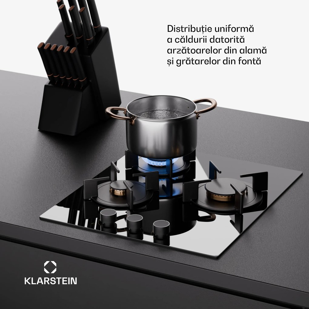 Klarstein Goldflame, plită cu gaz, 3 arzătoare din alamă, oțel inoxidabil