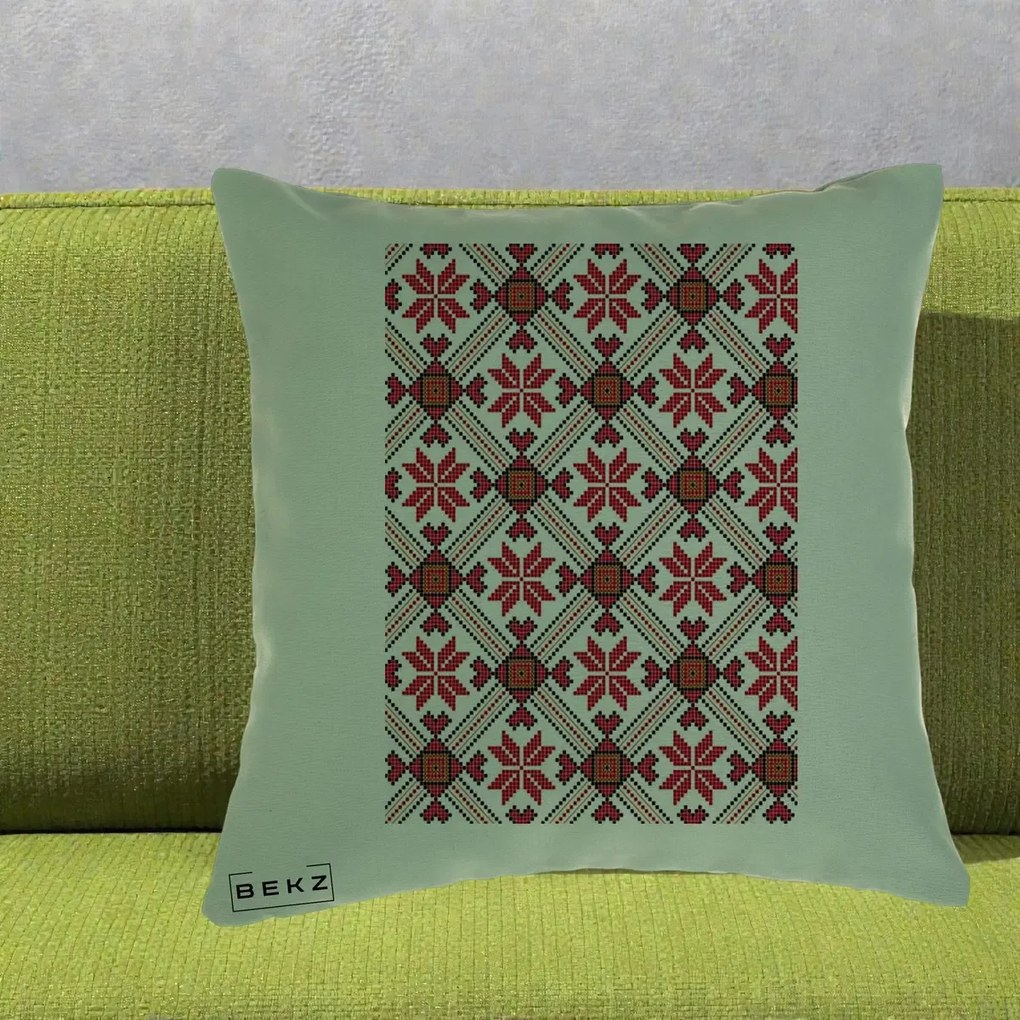Perna Personalizata Motiv Traditional Ie Romaneasca Rosu, 40x40 cm, Verde, Husa Detasabila, Perna Inclusa, BEKZ®