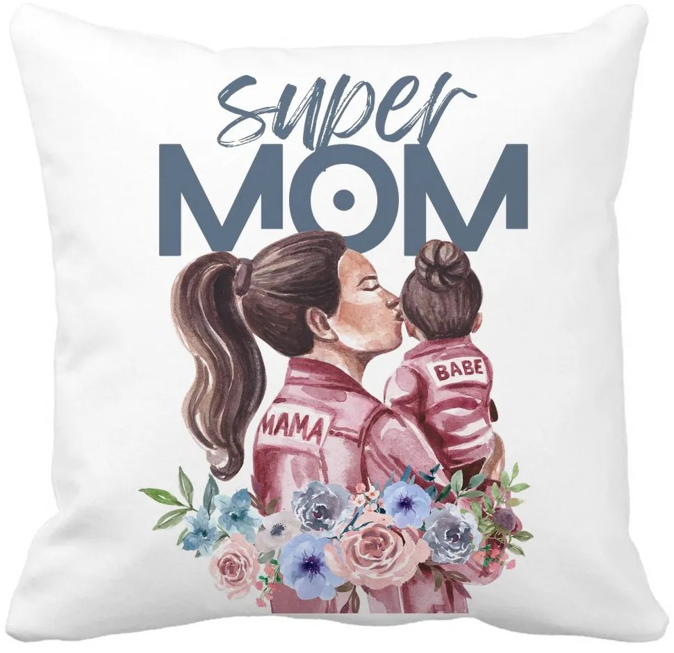 Perna Decorativa Patrata Super MOM Babe, 40x40 cm, Alba, Mata, Husa Detasabila, Burduf