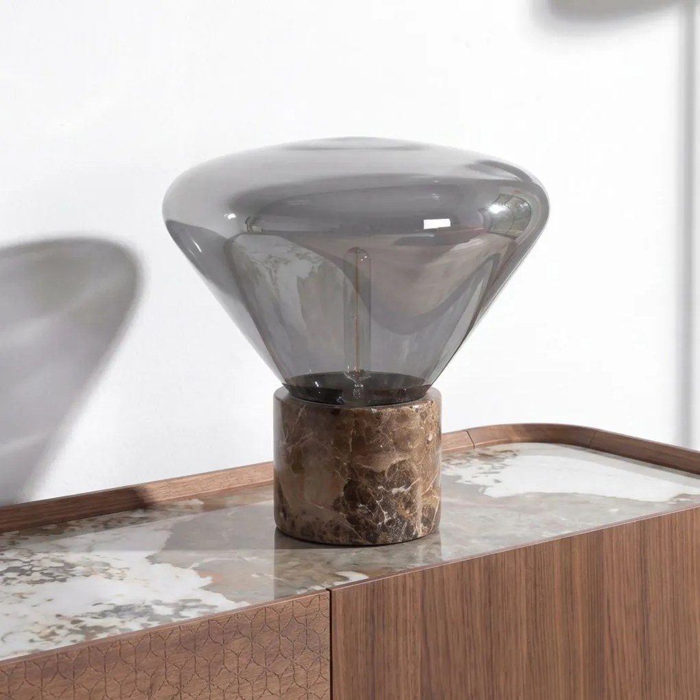 Lampa de masa din sticla fumurie si marmura portelanata maro