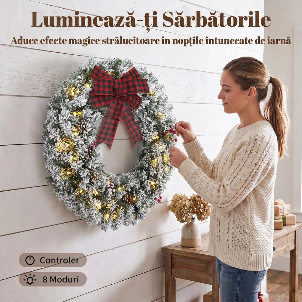 HOMCOM Coroniță de Crăciun 60 cm cu Lumini LED, Fundă în Carouri, Conuri de Pin și Bobițe, Verde | Aosom Romania