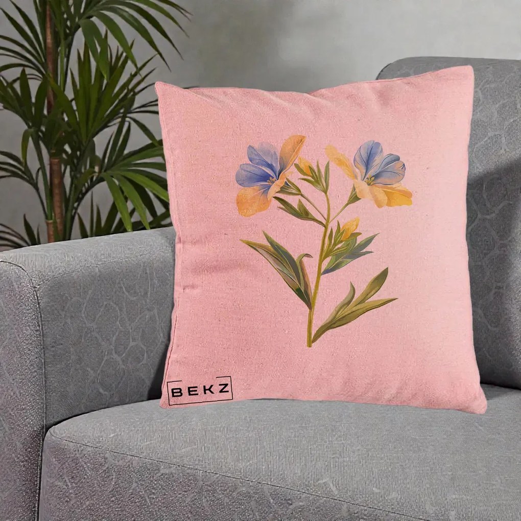 Perna Decorativa Botanica Frezie Galbena si Albastra, 40x40 cm, Roz, Husa Detasabila, Perna Inclusa, BEKZ®
