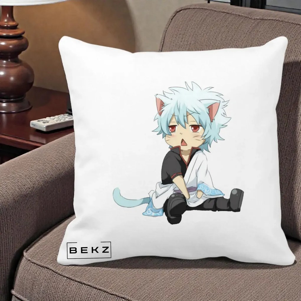 Perna Personalizata Gintama Gintoki Chibi Pisica, 40x40 cm, Alba Mata, Husa Detasabila, Perna Inclusa, BEKZ®