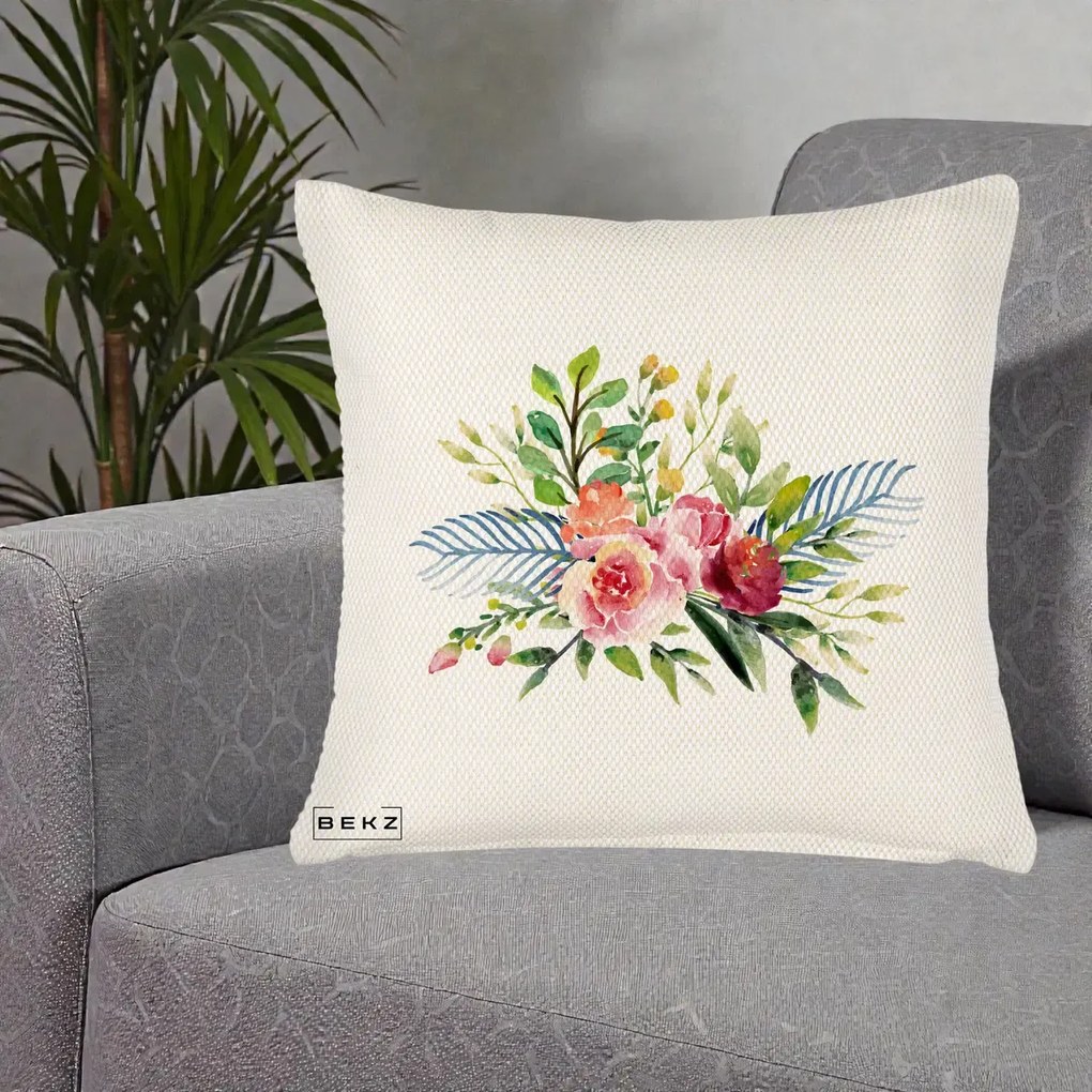 Perna Decorativa Buchet Flori Acuarela Roz-Verde, 40x40 cm, Crem Reliefat, Husa Detasabila, Perna Inclusa, BEKZ®