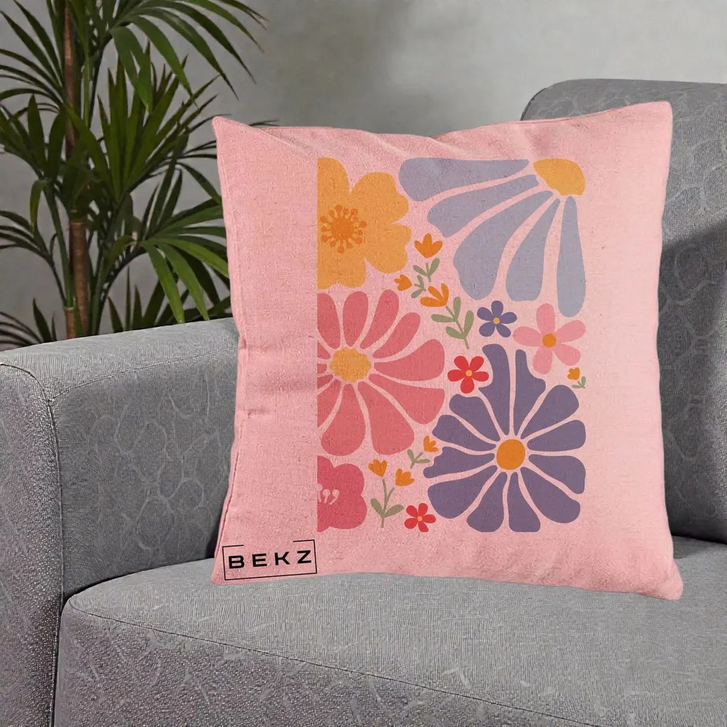 Perna decorativa cu flori: Flori Grafice Pastel Multicolor, 40x40 cm cu Umplutura, Roz, BEKZ