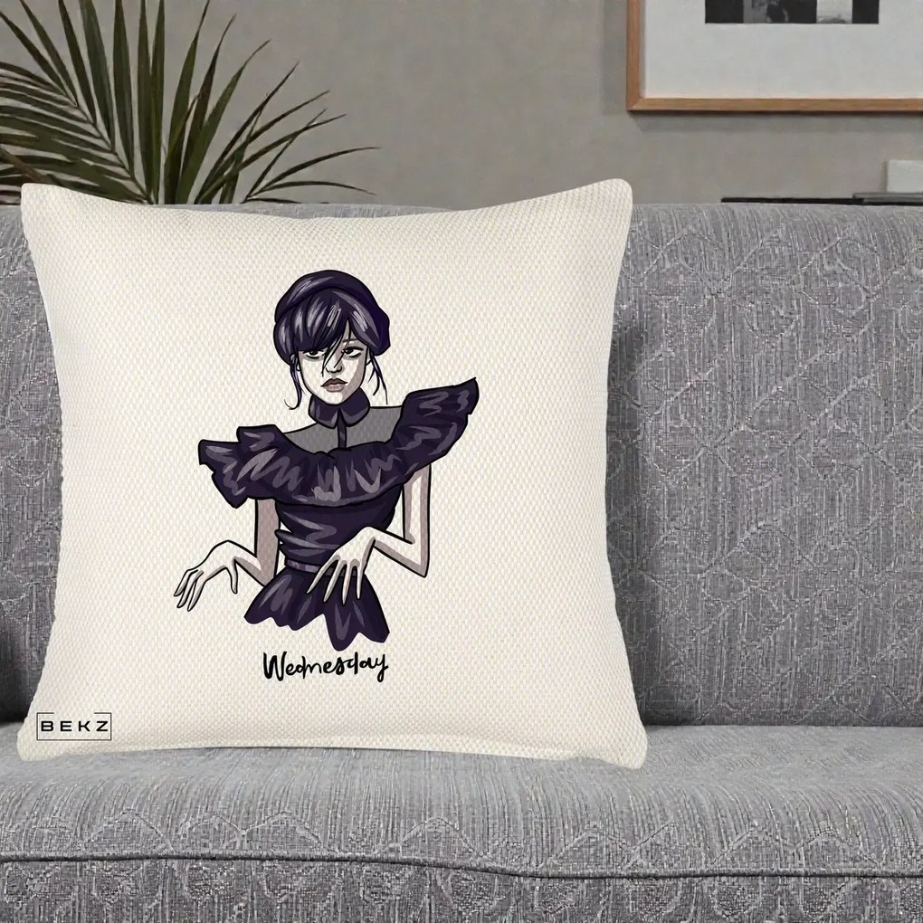 Perna Personalizata Wednesday Addams Dans Gotic, 40x40 cm, Crem Reliefat, Husa Detasabila, Perna Inclusa, BEKZ®