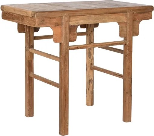 Consolă hol farmhouse din lemn de tec reciclat, natur, cu console decupate sub blat și traverse rotunde, 83 x 100 x 50 cm, „Avana Small”