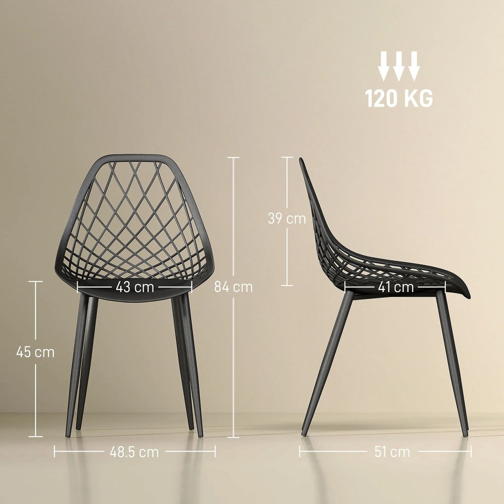 HOMCOM Set 4 Scaune Moderne cu Spătar Perforat Plastic și Metal Negru | Aosom Romania