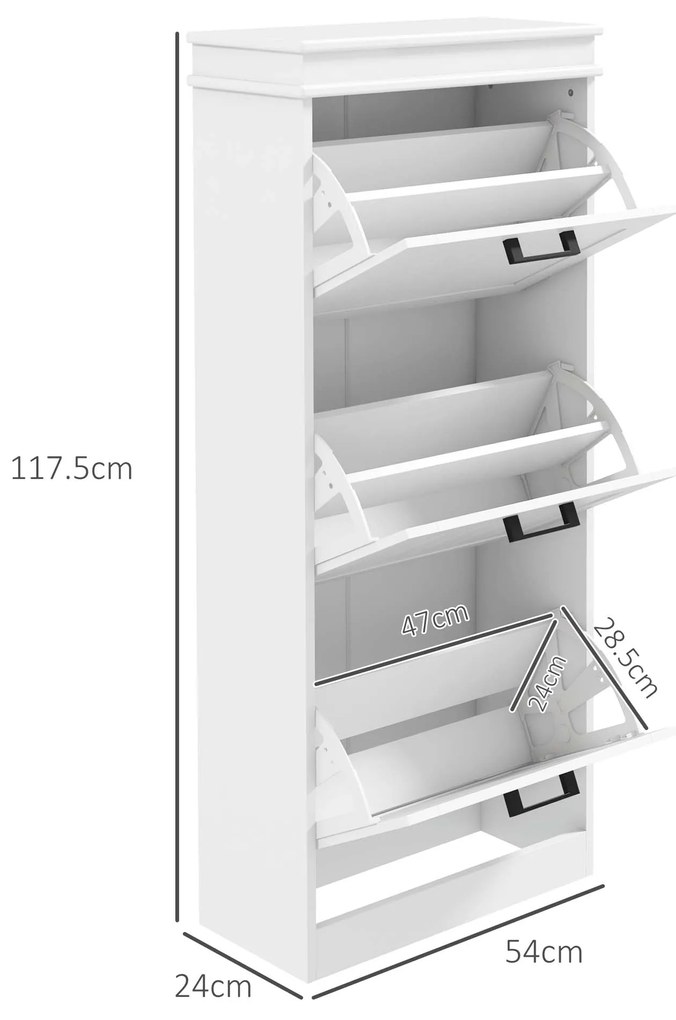 HOMCOM Dulap Spațios pentru Pantofi cu 3 Sertare Rabatabile pentru 15 Perechi de Pantofi, 54x24x117,5 cm, Alb | Aosom Romania